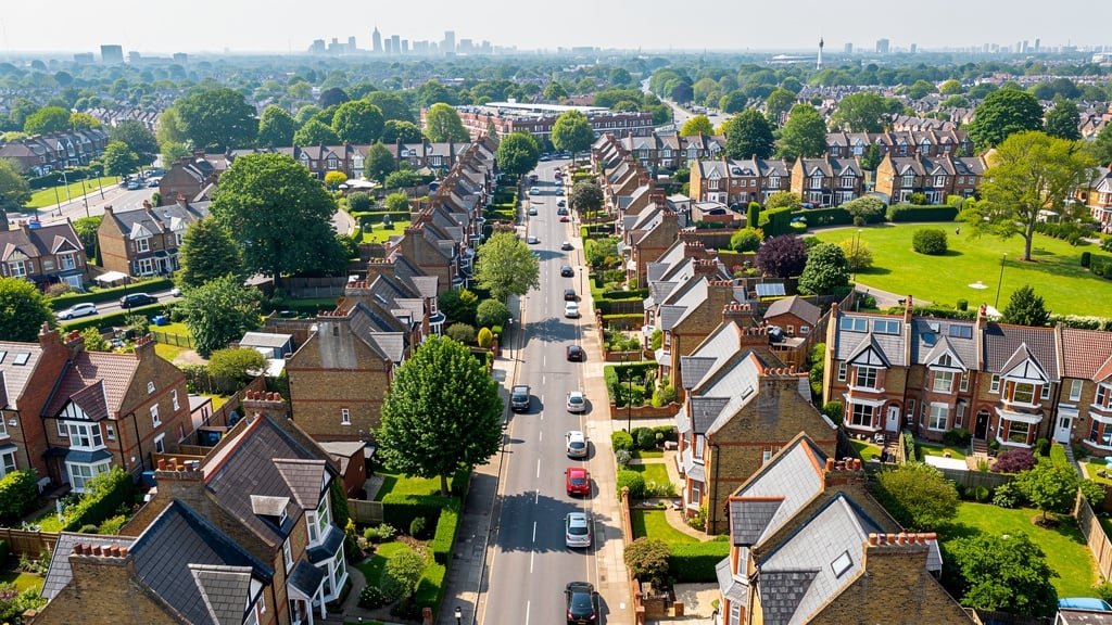 Aerial view of Sutton residential area showing property types