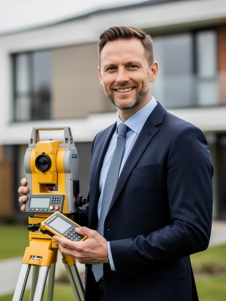 Professional male surveyor with equipment